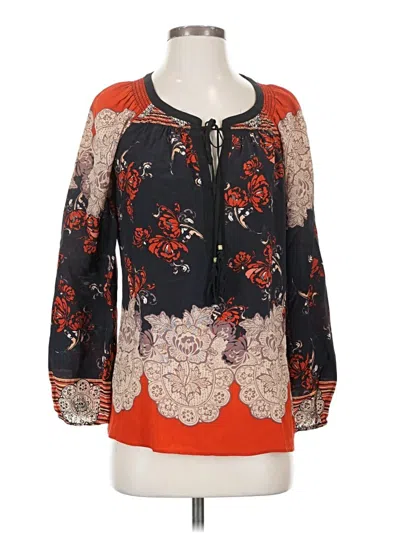 Pre-owned Meadow Rue Long Sleeve Silk Top Orange Keyhole Neckline Tops