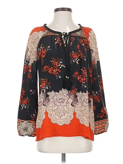 Pre-owned Meadow Rue Long Sleeve Silk Top Orange Keyhole Neckline Tops