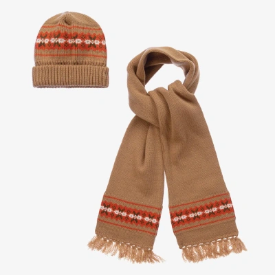 Mebi Babies' Beige Knitted Hat & Scarf Set In Brown