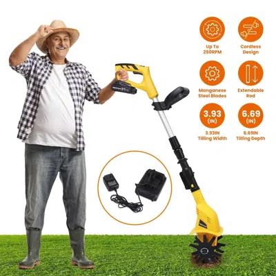 Mebtrik 20v Cordless Tiller Cultivator, 250rpm Electric Garden Tiller Depth Garden Rototiller For Lawn/garde In Yellow