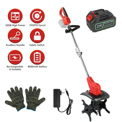 Mebtrik Portable Cordless Electric Tiller - 550w 300rpm Power, 16 Steel Tines, 4000mah Battery, Safety Prote In Red