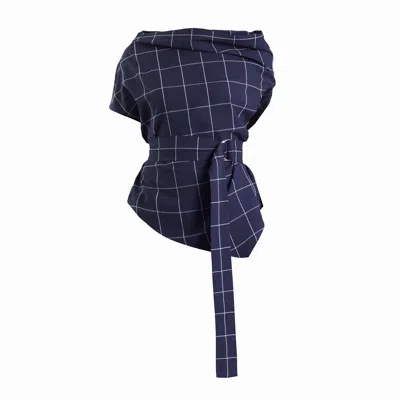 Meem Label Women's Blue Theo Navy Grid Asymmetric Top