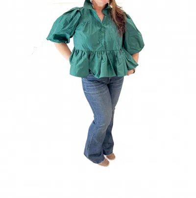 Meet Me In Santorini Puff Sleeve Button Front Blouse In Green Gatsby