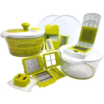 Megachef 10 In 1 Multi-use Salad Spinning Slicer Dicer And Chopper With Interchangeable Blades And Storage Li In Green