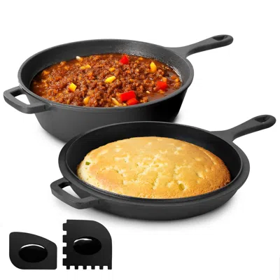 Megachef 10.5 Inch 2-in-1 Pre-seasoned Cast Iron Skillet And Fry Pan Set In Black