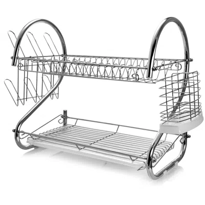 Megachef 16 Inch Two Shelf Dish Rack With Easily Removable Draining Tray, 6 Cup Hangers And Removable Utensil In Silver