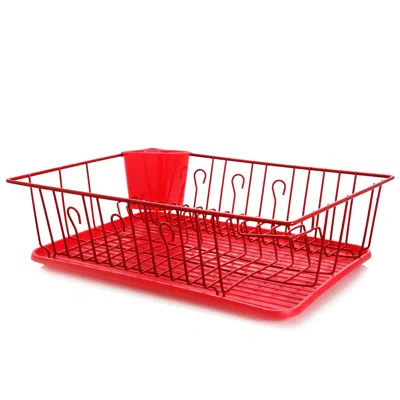 Megachef 17.5 Inch Dish Rack With 14 Plate Positioners And A Detachable Utensil Holder In Red