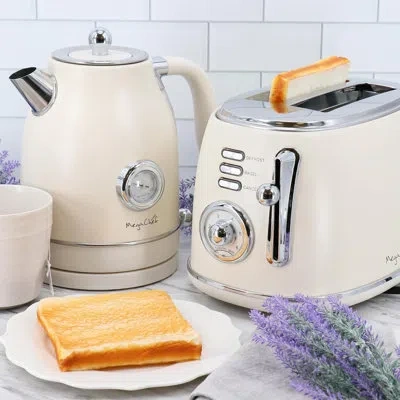 Megachef 1.8 Quart Electric Tea Kettle And 2 Slice Toaster Combo, Matte Cream, Retro Kitchen Set With Adjusta