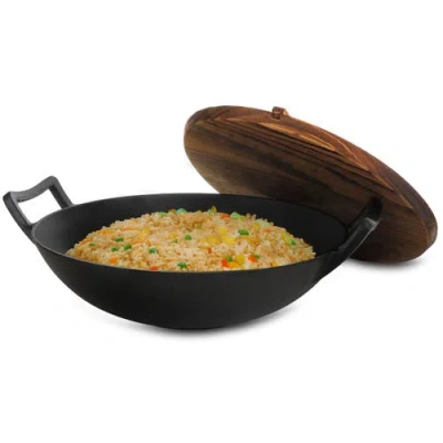 Megachef 2 Piece 14 Inch Heavy Duty Cast Iron Wok With Wood Lid In Black
