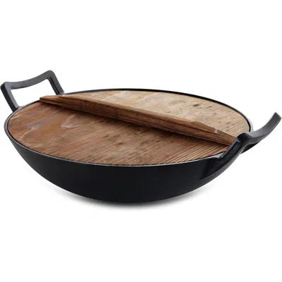 Megachef 2 Piece 14 Inch Heavy Duty Cast Iron Wok With Wood Lid In Black