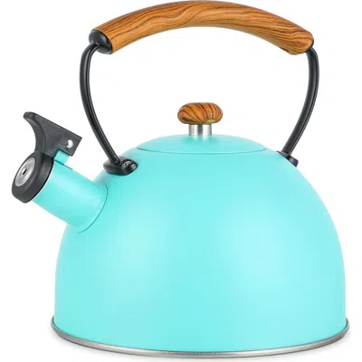 Megachef 3.2 Quart Whistling Tea Kettle With Wood Grain Nylon Cool Touch Handle In Blue