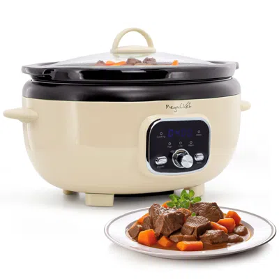 Megachef 3.7 Quart Oval Electric Digital Slow Cooker In Cream With Black Pot In Neutral