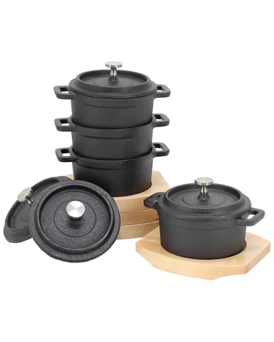 Megachef 4pc Cast Iron 8oz Mini Dutch Oven With Wood Tray In Black