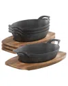 Megachef 4pc Mini Cast Iron Oval Pan With Wood Trivet Set In Black