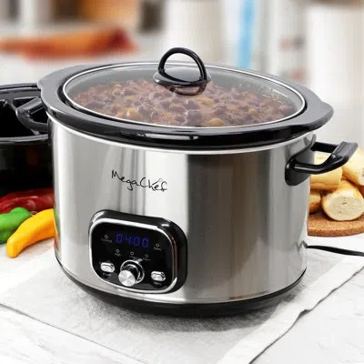 Megachef 5.6liter + 2.5 Liter Split Stainless Steel Electric Slow Cooker In Silver