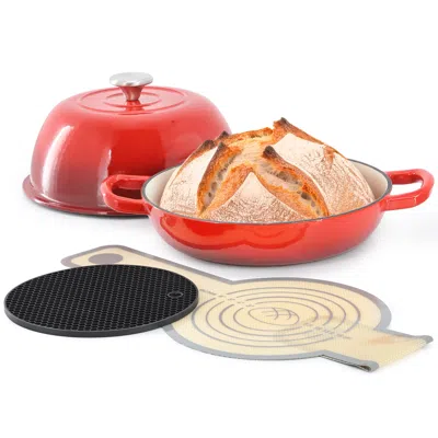 MEGACHEF 6 QUART ENAMELED CAST IRON BREAD POT IN RED WITH BAKING MAT