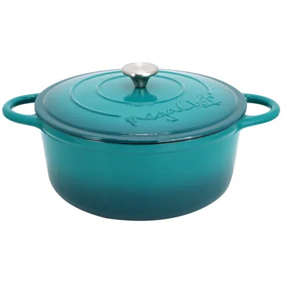 Megachef 6.35 Quart Round Enameled Cast Iron Dutch Oven With Self Basting Lid In Teal In Blue