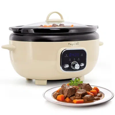 Megachef 6.5 Liter Oval Electric Slow Cooker In Turquoise With Black Pot In Cream