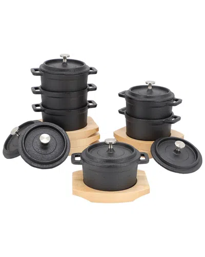 Megachef 6pc Cast Iron 8oz Mini Dutch Oven With Wood Tray In Black