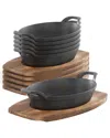 Megachef 6pc Mini Cast Iron Oval Pan With Wood Trivet Set In Black