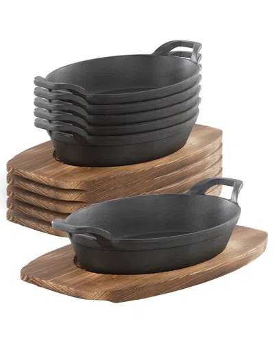 Megachef 6pc Mini Cast Iron Oval Pan With Wood Trivet Set In Black