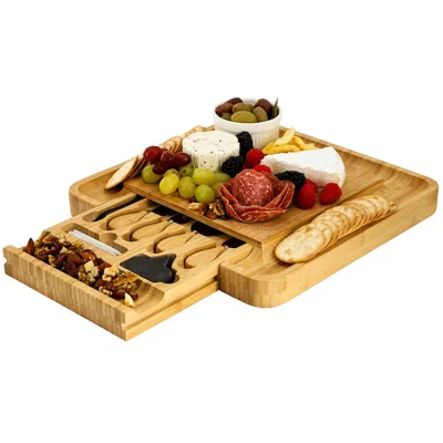 Megachef Bamboo Charcuterie Cheese Board With Slide Out Drawer With Cheese Utensils, Bottle Opener, And 3 Pie In Brown
