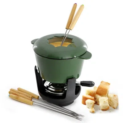 Megachef Enameled Cast Iron Fondue Pot With 6 Serving Forks In Green