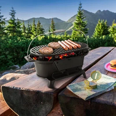 Megachef Oval Cast Iron Portable Hibachi Grill For Outdoor Use And Camping In Black