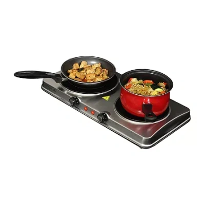 Megachef Portable 2-burner Sleek Steel Hot Plate With Temperature Control Electric Burner In Brown