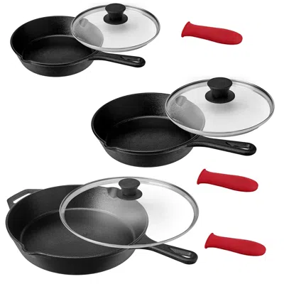 MEGACHEF PRE-SEASONED 9 PIECE CAST IRON SKILLET SET WITH LIDS AND RED SILICONE HOLDER