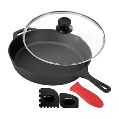 Megachef Pre-seasoned Cast Iron 12" Skillet With Glass Lid In Black