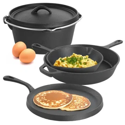 Megachef Pre-seasoned Cast Iron 5-piece Kitchen Cookware Set, Pots And Pans In Black
