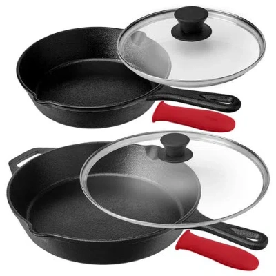 Megachef Pre-seasoned 6 Piece Cast Iron Skillet Set With Lids And Silicone Holders In Black