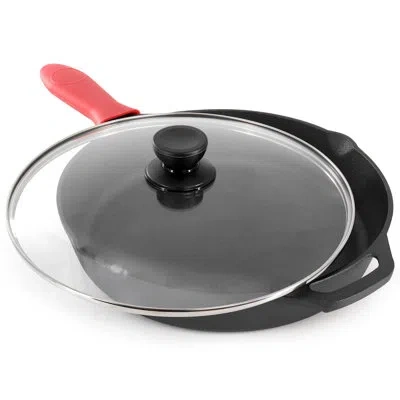 Megachef Seasoned Cast Iron Non-stick Skillet With Lid In Black
