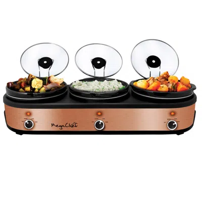 Megachef Triple 2.5 Quart Slow Cooker And Buffet Server In Brushed Copper And Black Finish With 3 Ceramic Coo In Multi