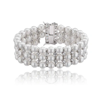 Megan Walford .925 Sterling Silver Cubic Zirconia And Three Row Pearl Bracelet In White