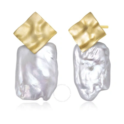 Megan Walford .925 Sterling Silver Gold Plated Freshwater Pearl Drop Square Earrings In Gold-tone