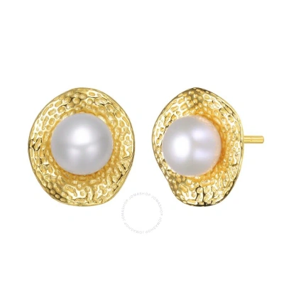 Megan Walford .925 Sterling Silver Gold Plated Freshwater Pearl Hammered Stud Earrings In Gold-tone