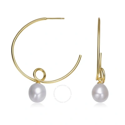 Megan Walford .925 Sterling Silver Gold Plated Freshwater Round Pearl Hoop Earrings In Gold-tone