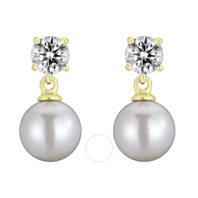 Megan Walford .925 Sterling Silver Gold Plated Pearl And Cubic Zirconia Drop Earrings In Metallic