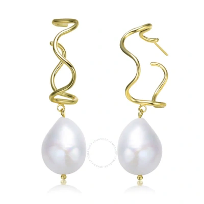 Megan Walford .925 Sterling Silver Gold Plating Freshwater Pearl Curvy Hoop Earrings In Gold-tone