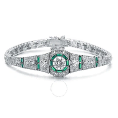 Megan Walford .925 Sterling Silver Round And Baguette Cubic Zirconia Link Bracelet In Green