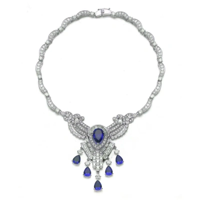 Megan Walford C.z. Sterling Silver White Gold Plated Heavy Sapphire Teardrop Necklace In Blue