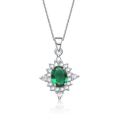 Megan Walford Classic Sterling Silver Oval Green Cubic Zirconia Flower Solitaire Pendant Necklace In Metallic