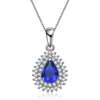Megan Walford Classic Sterling Silver Pear Blue Cubic Zirconia Solitaire Pendant Necklace In Two-tone
