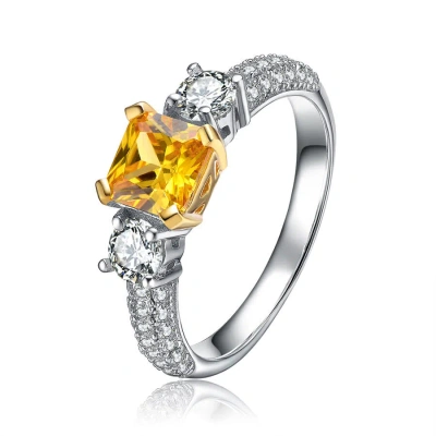 Megan Walford Classic Sterling Silver Radiant Yellow Cubic Zirconia 3 Stone Ring In Two-tone