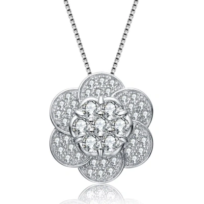 Megan Walford Classic Sterling Silver Round Clear Cubic Zirconia Flower Pendant Necklace In White