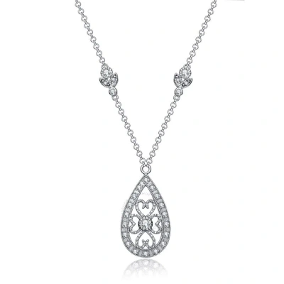 Megan Walford Classic Sterling Silver Round Clear Cubic Zirconia Pear Pendant Necklace In White
