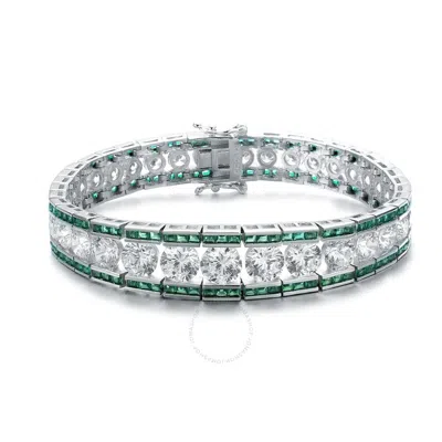 Megan Walford Classy Sterling Silver Princess Emerald And Round Clear Cubic Zirconia Tennis Bracelet In Two-tone