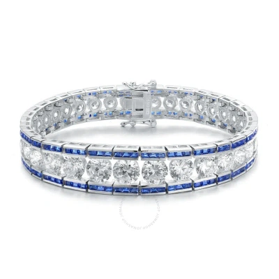 Megan Walford Classy Sterling Silver Princess Sapphire And Round Clear Cubic Zirconia Tennis Bracele In Two-tone